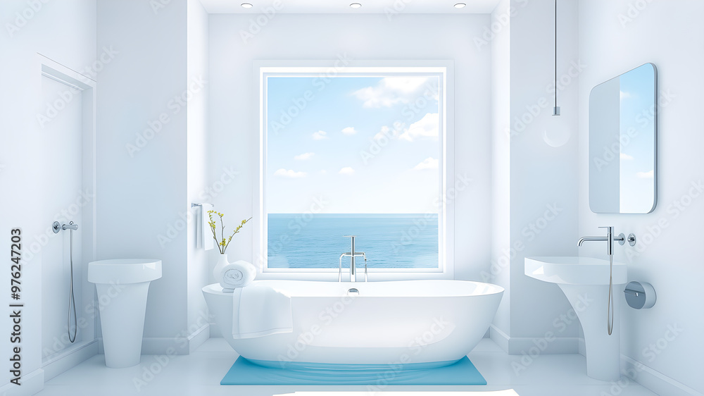 Fototapeta premium Bathroom with white walls, blue bathtub, panoramic window and sea view.