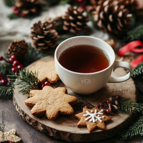 Cup of tea with gingerbread cookies on a wooden tray surrounded by pinecones and festive Christmas decoration
