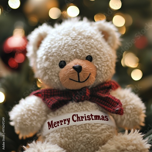 Fluffy white teddy bear with a red scarf and Merry Christmas message sitting in front of festive holiday lights