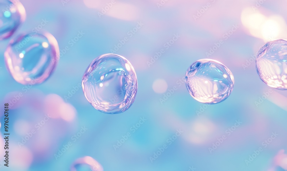 Colorful Soap Bubbles Floating in the Air Against a Soft Blue and Purple Background in Daylight Colorful Soap Bubbles Floating in the Air Against a Soft Blue and Purple Background in Daylight