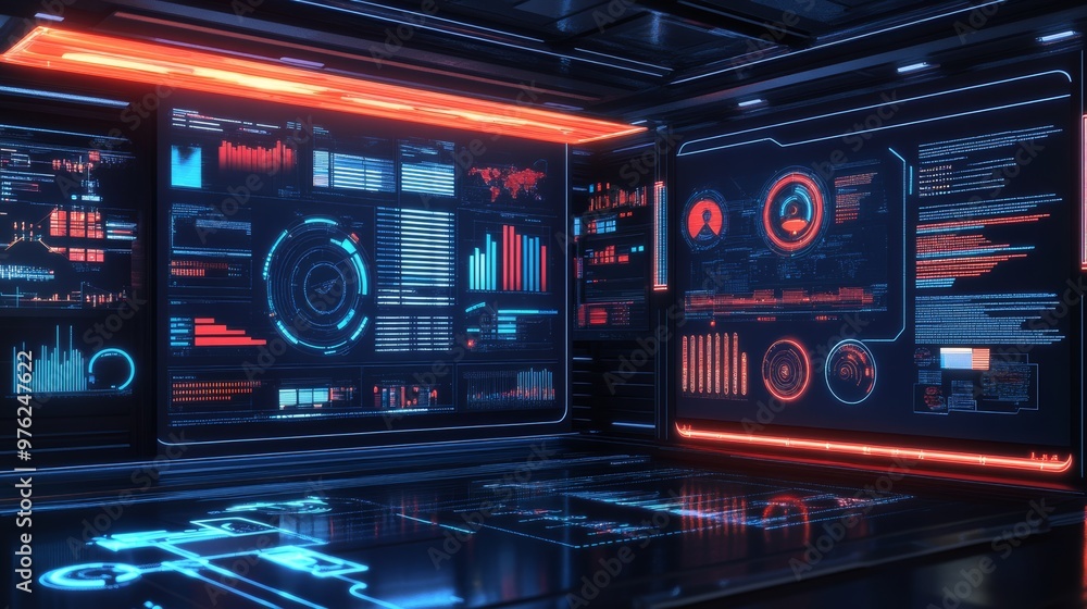 Futuristic Control Room with Data Visualization. Futuristic Control Room with Data Visualization.