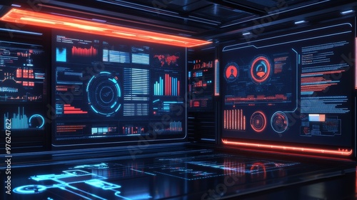 Futuristic Control Room with Data Visualization.