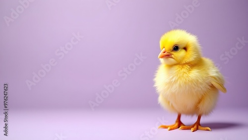 Fluffy yellow chick on lavender background serene contrast of colors