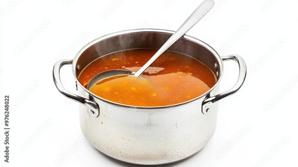 A stainless steel pot filled with simmering soup and a ladle resting inside, ready for serving A stainless steel pot filled with simmering soup and a ladle resting inside, ready for serving