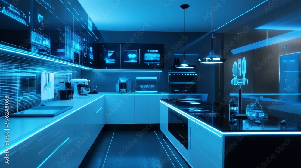 Modern Kitchen with Holographic Displays and Blue LED Lighting. Modern Kitchen with Holographic Displays and Blue LED Lighting.