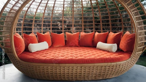 Wicker Patio Daybed with Orange Cushions photo