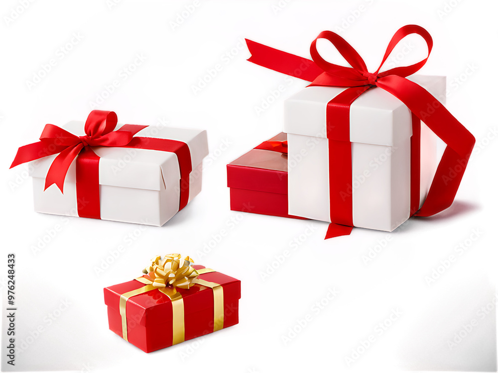Fototapeta premium Red_gift_boxes_with_gold_ribbons,_isolated_on_a_transparent_and_white_background,_perfect_for_holiday_and_birthday_designs.