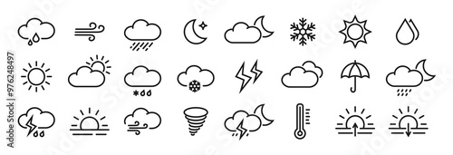 Weather line icon set with editable stroke. Simple outline collection of meteorology symbols. Forecast icons. Vector illustration.

