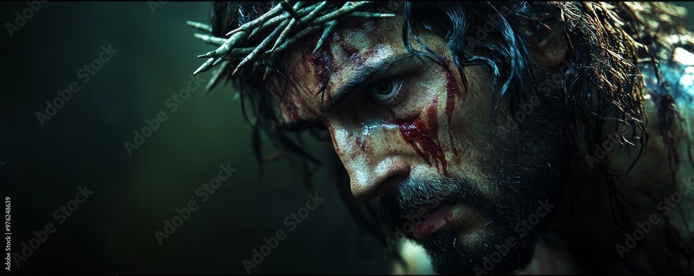 Dramatic Portrayal of a Man Wearing a Crown of Thorns With Blood on His Face in a Dark Setting Dramatic Portrayal of a Man Wearing a Crown of Thorns With Blood on His Face in a Dark Setting