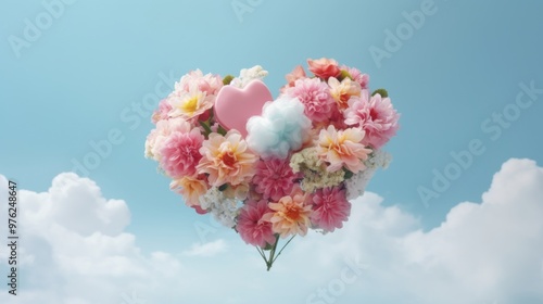 Cloud creative love concept of fresh Spring flowers in the sky background. Love, happy Valentine's Day an exploding bouquet.