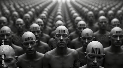 Serious-Faced Bald Individuals Marked with Barcodes on Their Foreheads Depicting Loss of Identity in a Dystopian Environment photo