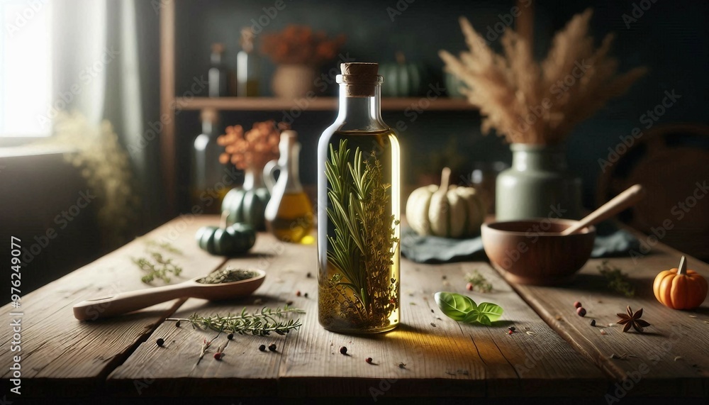 A glass bottle of infused olive oil with herbs stands on a wooden table, surrounded by autumnal decorations and cooking ingredients, creating a warm and rustic kitchen scene.
A glass bottle of infused olive oil with herbs stands on a wooden table, surrounded by autumnal decorations and cooking ingredients, creating a warm and rustic kitchen scene.