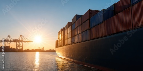 Wallpaper Mural A large container ship navigating the waters at sunset, with the sun casting an orange glow over the scene, reflecting on the calm waters below, emphasizing global trade. Torontodigital.ca