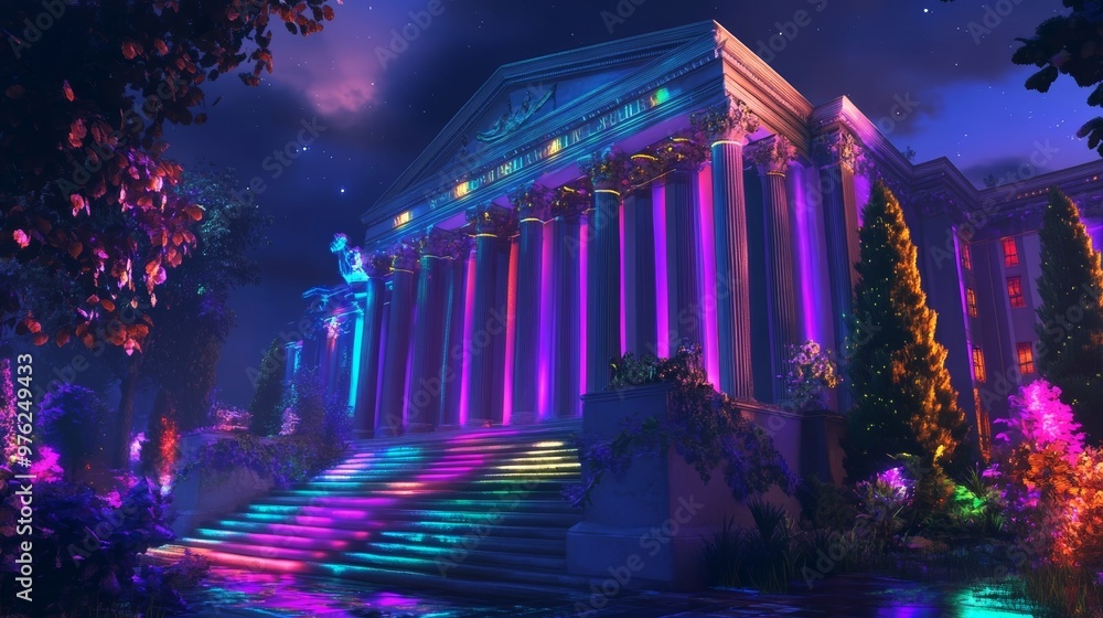 Ancient Temple Illuminated at Night.