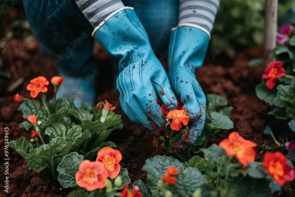 Naklejka premium A gardener carefully cultivates orange flowers in rich soil, demonstrating proper techniques for planting and nurturing vibrant blooms on a beautiful day.