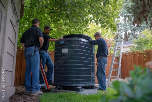 HVAC technicians installing residential air conditioning unit