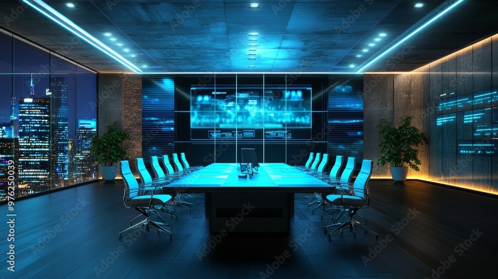 Modern futuristic conference room with city view. Modern futuristic conference room with city view.