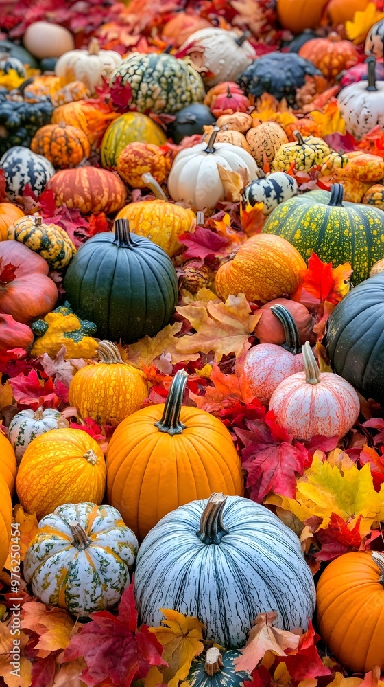 A colorful display of pumpkins, gourds, and fall leaves A colorful display of pumpkins, gourds, and fall leaves