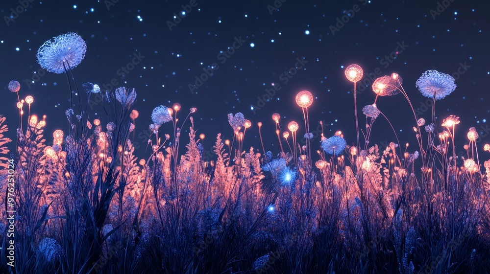 Magical Glowing Flowers in a Field at Night. Magical Glowing Flowers in a Field at Night.
