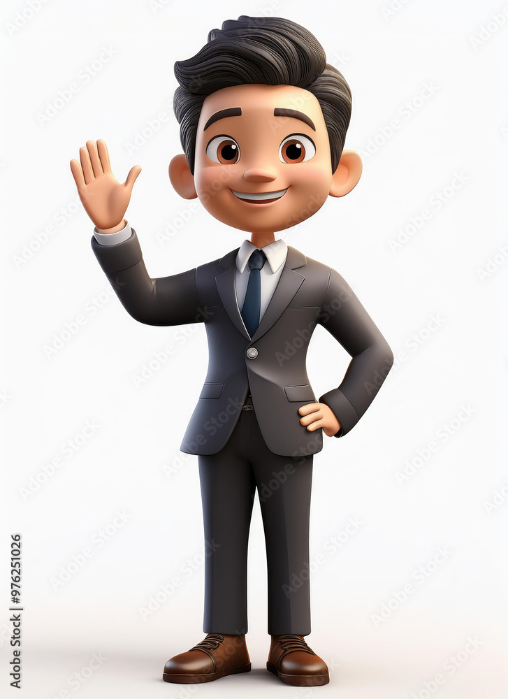 A cheerful cartoon businessman waving, dressed in a suit, perfect for corporate and professional themes. A cheerful cartoon businessman waving, dressed in a suit, perfect for corporate and professional themes.