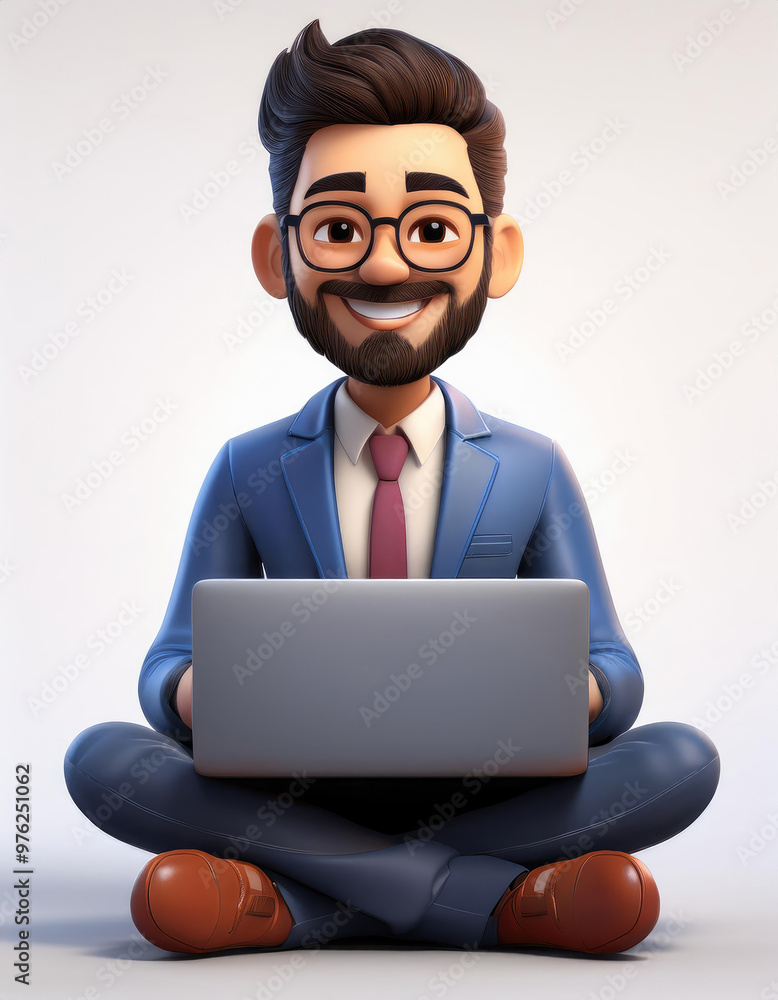 A cheerful character in a suit working on a laptop, embodying creativity and professionalism in a digital workspace. A cheerful character in a suit working on a laptop, embodying creativity and professionalism in a digital workspace.