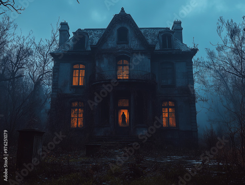 A spooky old mansion with flickering lights and a ghostly figure in the window photo