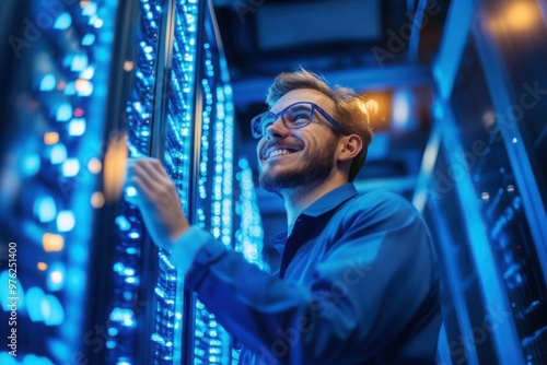 Smiling IT Technician Working in Data Center photo