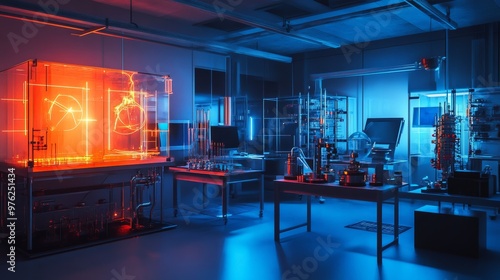 Modern Laboratory with Orange and Blue Lighting.