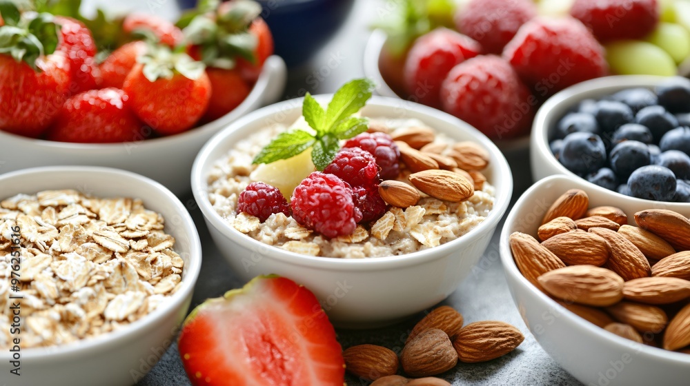Oatmeal with almonds, raspberries, and blueberries for a healthy breakfast. Oatmeal with almonds, raspberries, and blueberries for a healthy breakfast.