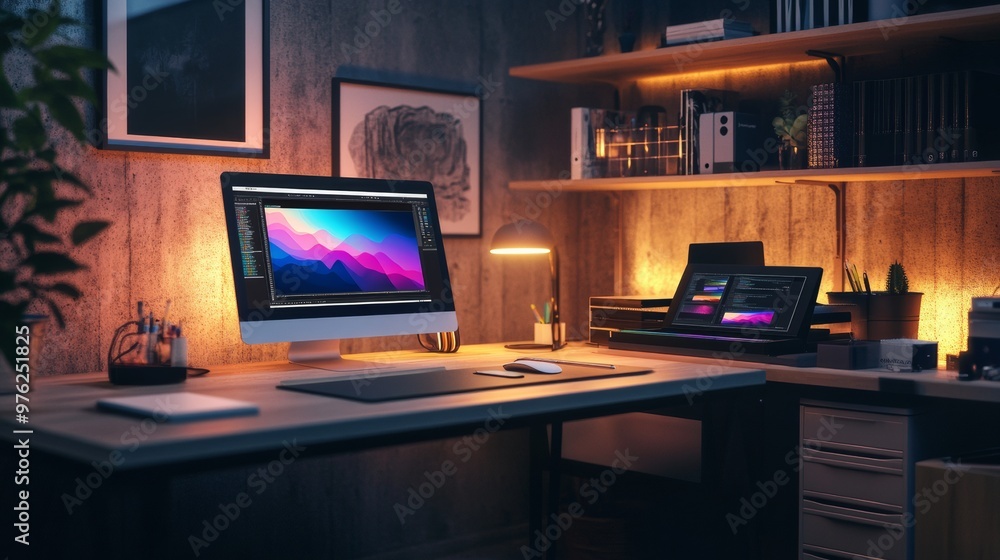 Modern Home Office Desk with Computer and Laptop. Modern Home Office Desk with Computer and Laptop.