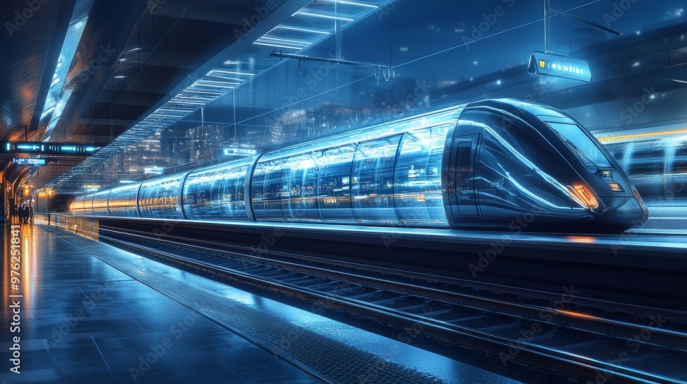 Futuristic High-Speed Train Arriving at Station. Futuristic High-Speed Train Arriving at Station.