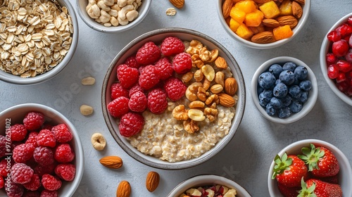 A bowl of oatmeal topped with raspberries, nuts, and a variety of fresh fruits.