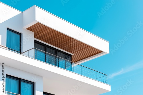 Modern Architectural Design of a White Building Balcony Under a Clear Blue Sky