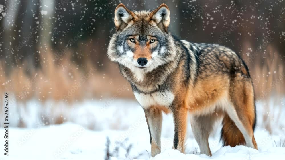 Powerful wolf standing on snowy field with snowflakes falling and intense gaze. Wildlife concept Powerful wolf standing on snowy field with snowflakes falling and intense gaze. Wildlife concept
