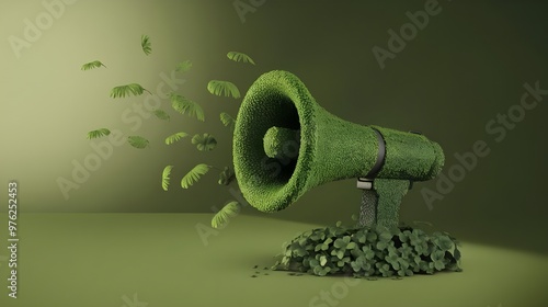 Green Megaphone with Leaves and Green Background photo