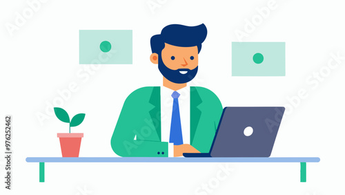 man sitting with laptop in the table wearing office dress. Concept illustration for working, work from home