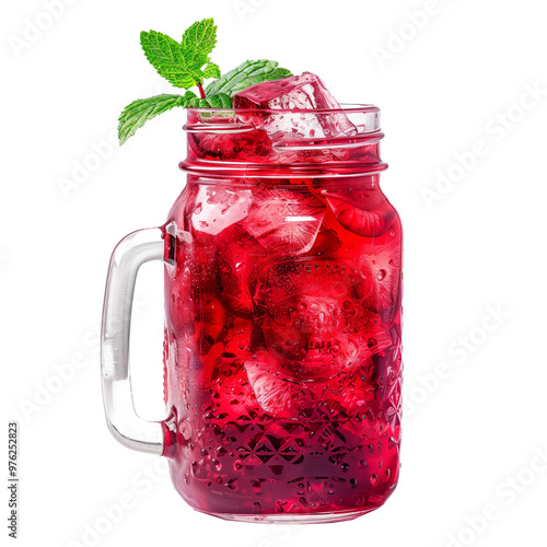 Refreshing red beverage or hibiscus ice tea served in a mason jar isolated on white transparent background. photo