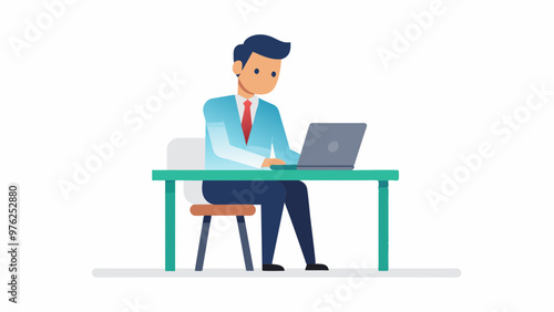  man sitting with laptop in the table wearing office dress. Concept illustration for working, work from home 