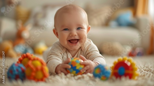 A cheerful baby is happily engaging with colorful and vibrant toys in a cozy indoor setting filled with warmth