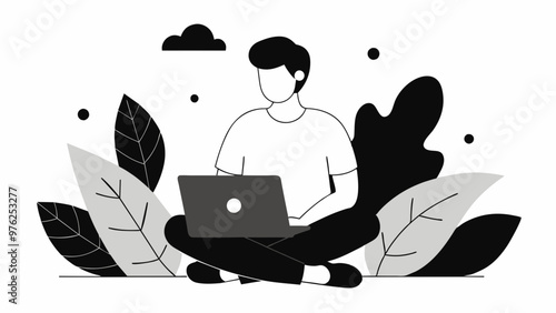 man with laptop sitting in nature and leaves. Concept illustration for working, freelancing, studying, education, work from home. Vector illustration in flat cartoon style stock illustration, silhouet