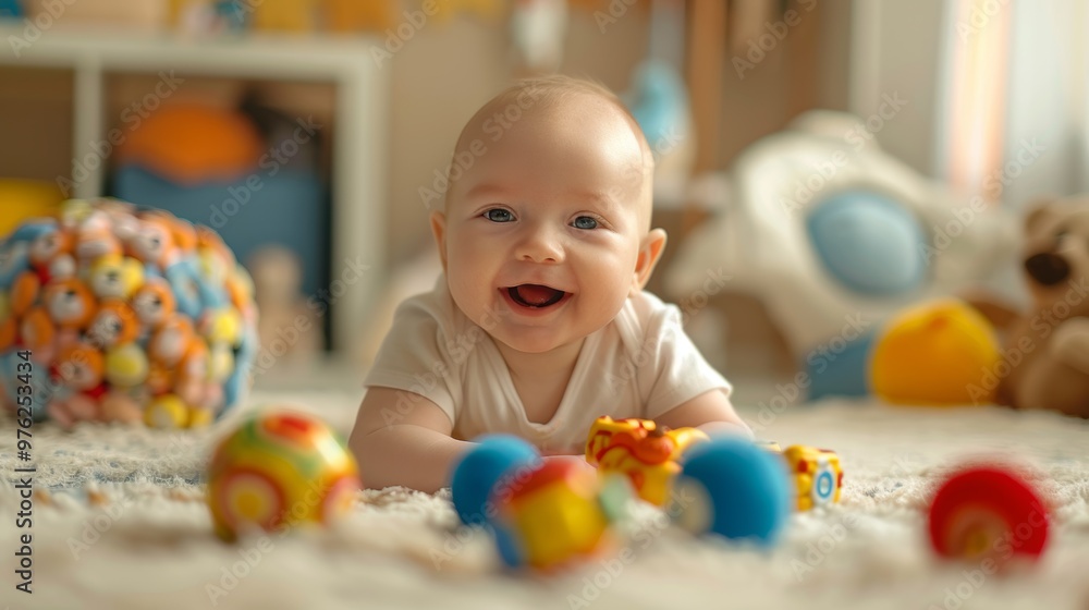 A cheerful baby is happily engaging with colorful and vibrant toys in a cozy indoor setting filled with warmth A cheerful baby is happily engaging with colorful and vibrant toys in a cozy indoor setting filled with warmth