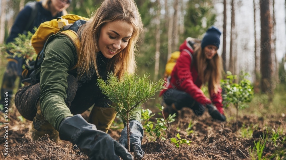 Young woman planting a tree in a forest. Young woman planting a tree in a forest.