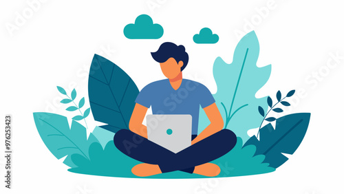 man with laptop sitting in nature and leaves. Concept illustration for working, freelancing, studying, education, work from home. Vector illustration in flat cartoon style stock illustration, silhouet