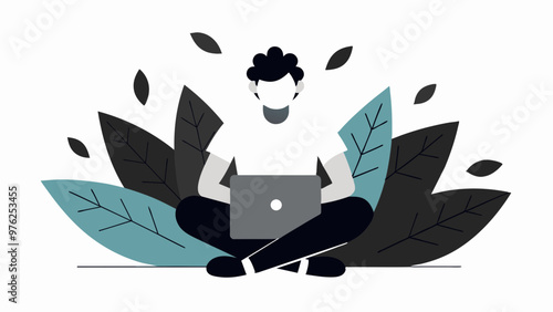 man with laptop sitting in nature and leaves. Concept illustration for working, freelancing, studying, education, work from home. Vector illustration in flat cartoon style stock illustration, silhouet