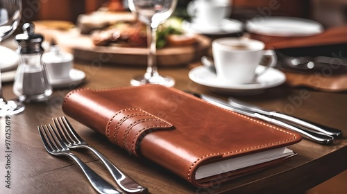 Leather Bound Menu on Wooden Table with Silverware photo