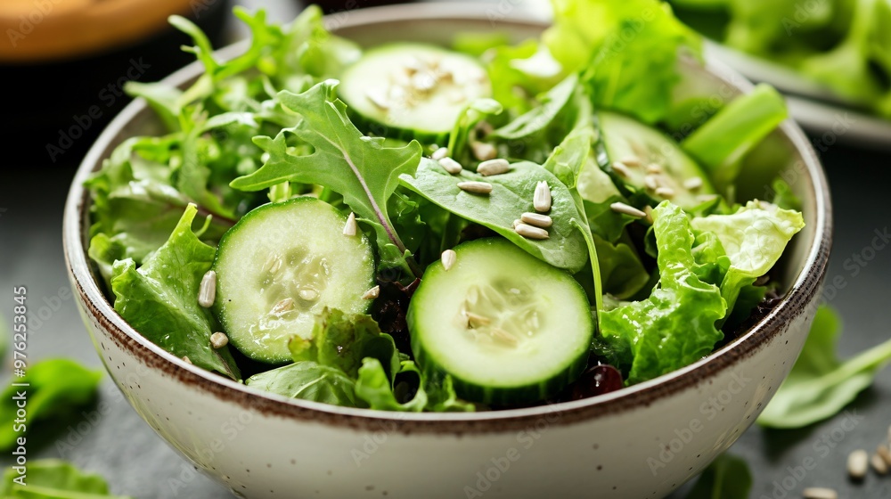 Fresh green salad with cucumber and sunflower seeds in a white bowl. Fresh green salad with cucumber and sunflower seeds in a white bowl.