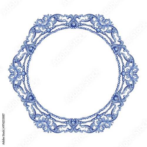 Round Watercolor Floral Frame in Indigo Colors. Can be used as decal, design for tiles, fabric, interior. Capri Majolica	