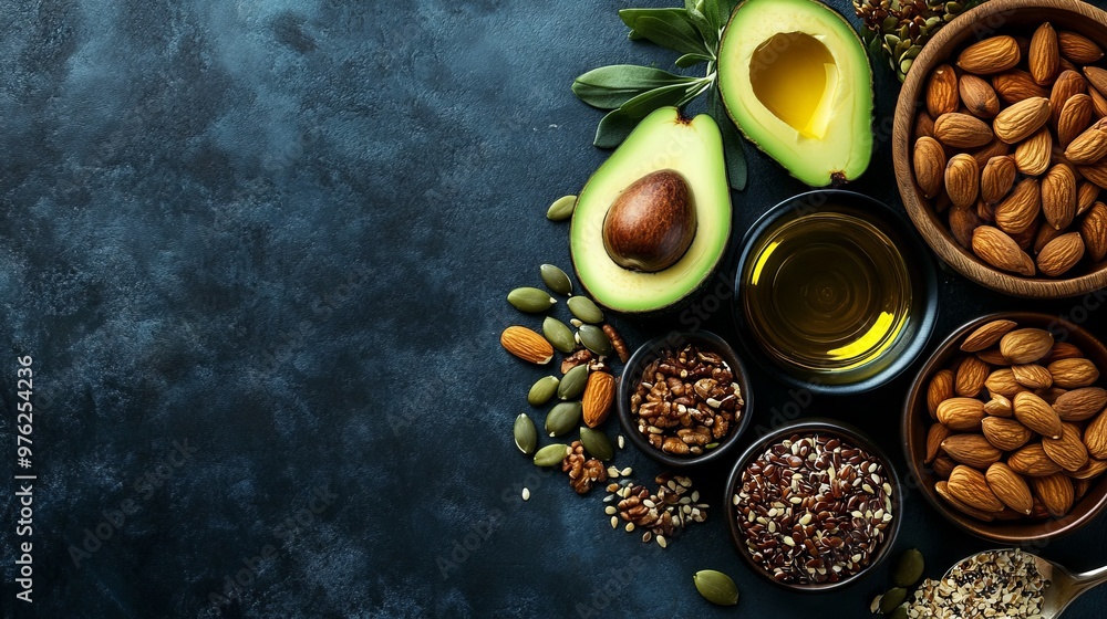Avocado, nuts, seeds, and olive oil displayed as healthy fats, featuring blank space for text or design. Avocado, nuts, seeds, and olive oil displayed as healthy fats, featuring blank space for text or design.