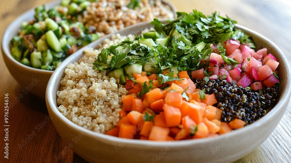 A close up of a bowl with quinoa, lentils, carrots, cucumber, and radish. A close up of a bowl with quinoa, lentils, carrots, cucumber, and radish.