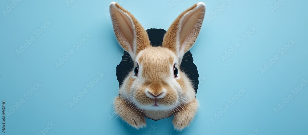Fototapeta premium A Curious Rabbit Peeking Through a Blue Background During Springtime Exploration